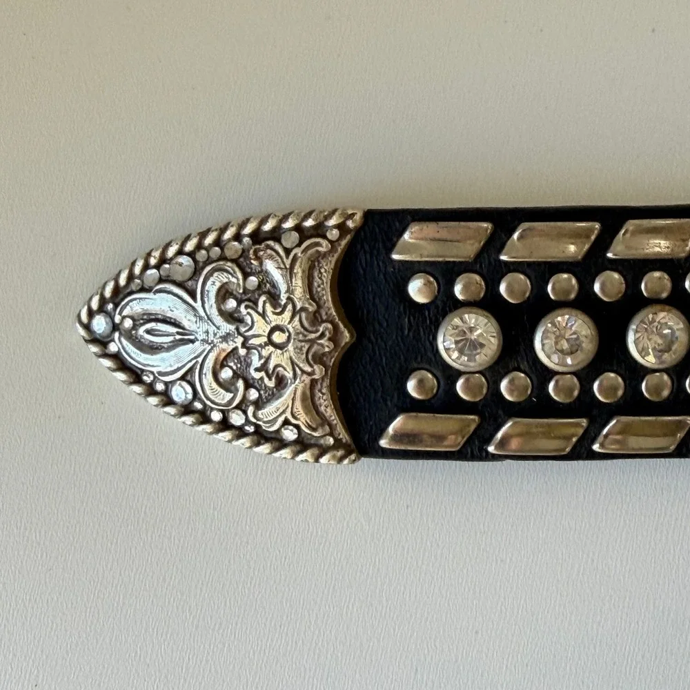 Vintage Nocona Belt Women Small Black Western‎ Rhinestone Studded Leather NWT